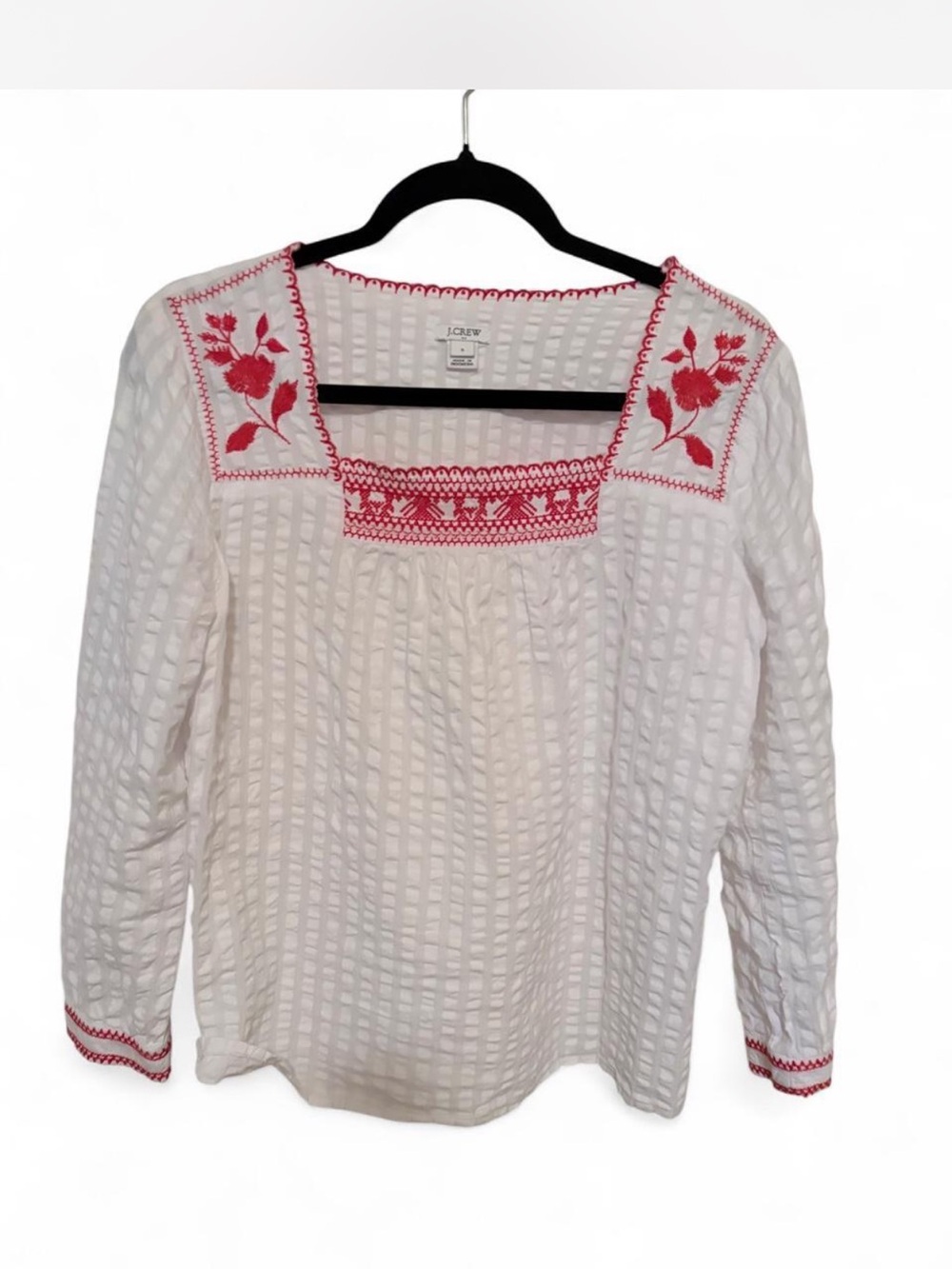 J. Crew White Cotton Square-Neck Embroidered Peasant Top with Red Floral Detail